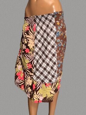 Handmade brown floral patchwork midi skirt with elastic waist